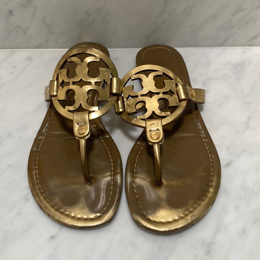 Tory Burch gold leather flat sandals size 9